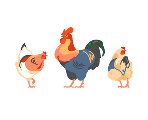 Hens and rooster. Multicolor flat chickens. Vector illustration - 510863822