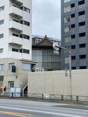 Traditional temple house rooftop peeking between the new modern buildings, cityscape Tokyo year 2022 June 14th