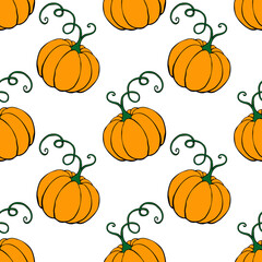 Vector seamless pattern with orange pumpkins with mustache. Halloween or thanksgiving background and texture