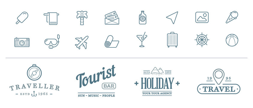 Set of Travel Tourism and Holiday Elements and Signs. Icons Set.