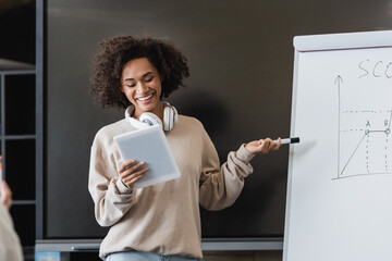 happy african american woman with digital tablet and headphones pointing with felt pen at whiteboard.