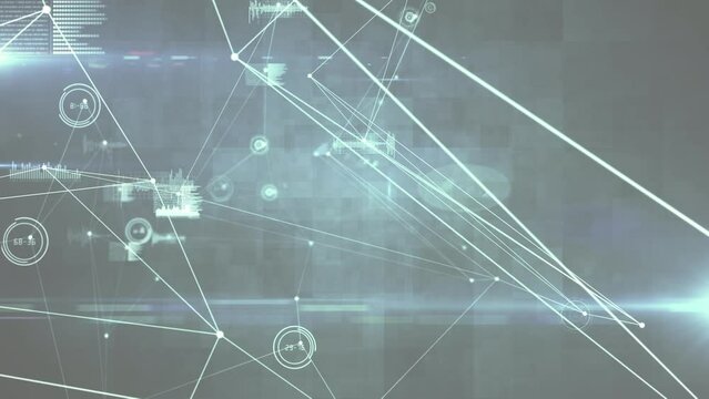 Animation of networks of connections with data processing over grey background