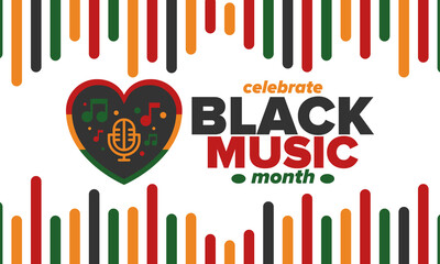 Black Music Month in June. African-American Music Appreciation Month. Celebrated annual in United States. Music concept. Poster, card, banner and background. Vector illustration