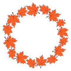Vector wreath of red maple leaves. Round frame in flat style. Theme of happy fall, nature, forest, thanksgiving.