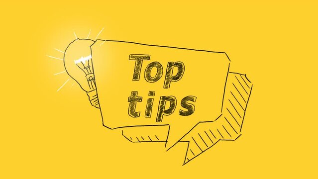 Top tips with speech bubble and light bulb on yellow background. Concept of idea or advice.