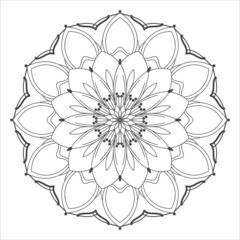 Vector flower mandala coloring book page for adults. Ornamental round floral lace outline black contour on white. Flower, nature elements, geometric symmetry, ethnic style, lace pattern template.