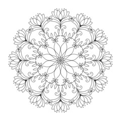 Vector flower mandala coloring book page for adults. Ornamental round floral lace outline black contour on white. Flower, nature elements, geometric symmetry, ethnic style, lace pattern template.