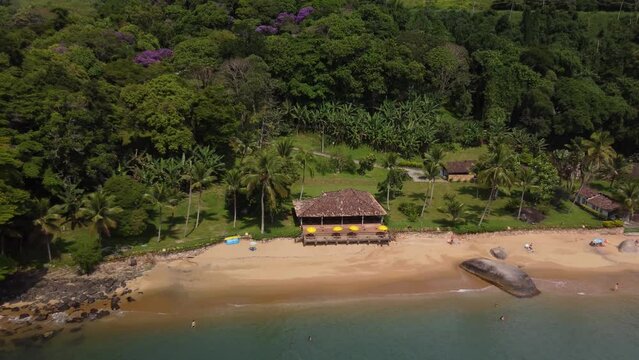 Aerial view to a small beach with the atlantic forest at the coast of Paraty, Rio de Janeiro - Brasil