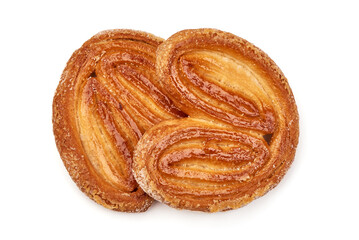 Sugared puff pastry cookies, isolated on white background.