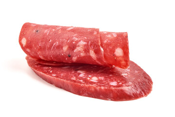 Spanish salchichon sausage, isolated on white background.