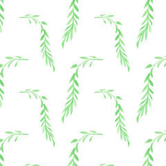 Gently green leaf branches on a white background. Watercolor seamless pattern