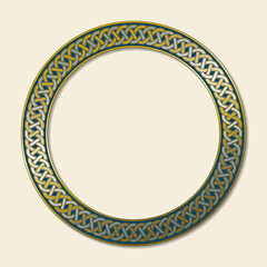 Circular, Celtic frame ornament with endless knot designs in gold and silver on a parchment beige background