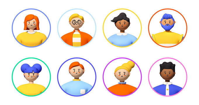 Eight happy people avatars - realistic colorful 3d illustration