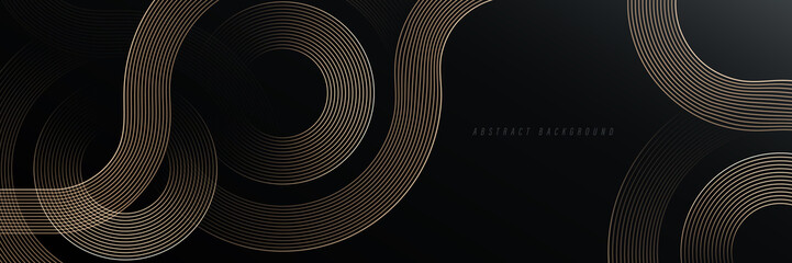Abstract gold circle lines on dark background. Geometric stripe line art design. Modern luxury template. Suit for presentation, banner, cover, web, flyer, poster, brochure. Vector illustration - obrazy, fototapety, plakaty
