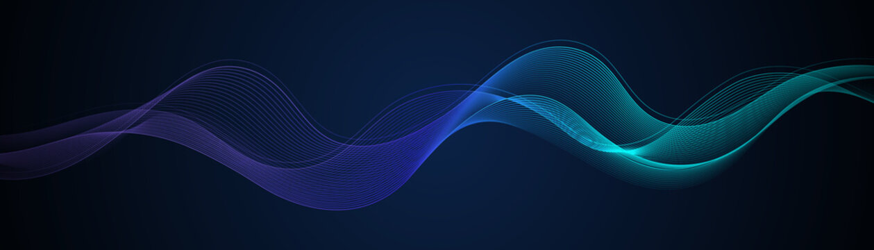 Abstract dark background with flowing wave lines. Glowing wavy lines. Shiny colorful moving lines design element. Modern dynamic wave pattern. Suit for website, poster, brochure, banner, flyer