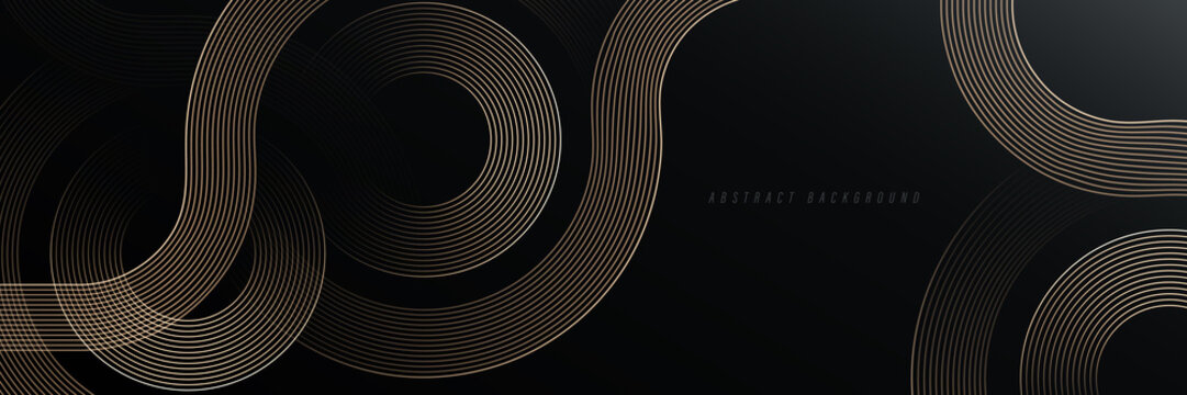 Abstract gold circle lines on dark background. Geometric stripe line art design. Modern luxury template. Suit for presentation, banner, cover, web, flyer, poster, brochure. Vector illustration