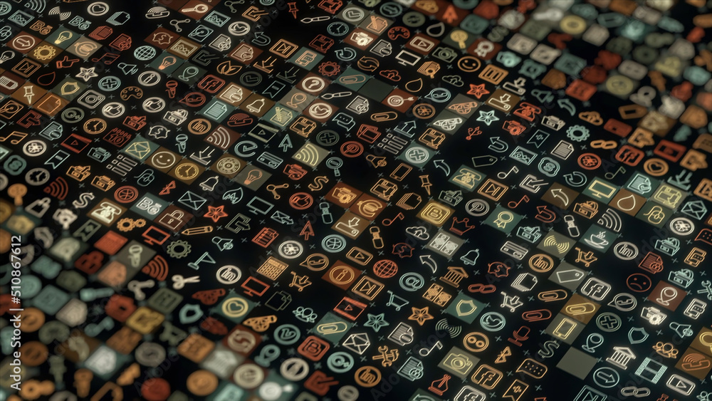 Poster abstract animation of social media network icons and emojis on the black background. animation. anim