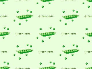 Green peas cartoon character seamless pattern on green background. Pixel style