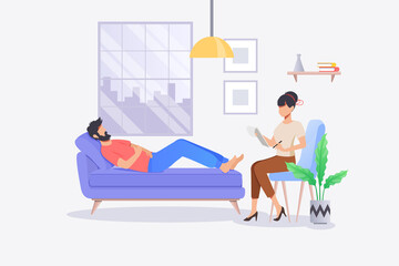 Psychotherapy practice in therapist office with patient on sofa. Cartoon illustration of psychology therapy counseling. Woman sitting and talking with patient