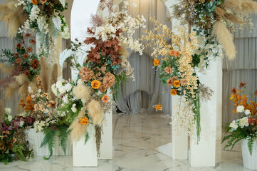 Fototapeta na wymiar Wedding backdrop background, flower decoration