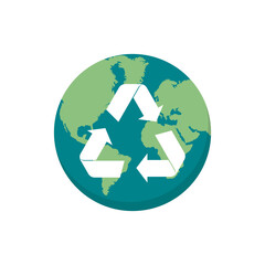 Fototapeta premium Planet Earth inside recycle sign. Environmental conservation concept. World and recycle arrows. Eco friendly symbol. Sort garbage or waste. Conscious consumption. Vector illustration, flat, clip art.