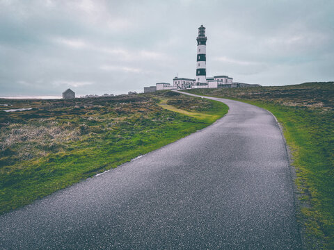 Ushan countryside scenery with Creach lighthouse road, Brittany, France