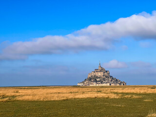 Salt marsh and Mont Saint-Michel landscape in normandy, UNESCO World Heritage Site in France,...