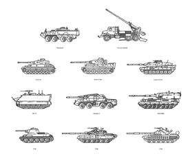 Military technical transport. A set of tanks, artillery mounts, armored personnel carriers.