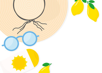 summer flat lay banner with straw hat, sun cream, lemons, and sunglasses with copy space- vector illustration
