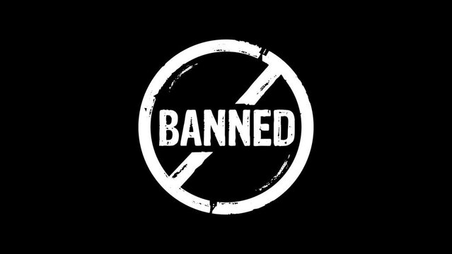 Banned stamp and hand stamping impact isolated animation. Ban, restricted and prohibited symbol 3D rendered concept. Alpha matte channel.