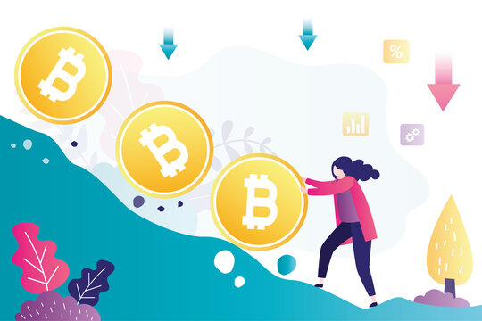 Investor prevent from Bitcoin price falling down. Cryptocurrency risk, volatility. Crypto crisis or panic sales. Blockchain technology. Businesswoman push Bitcoin from falling down the peak.