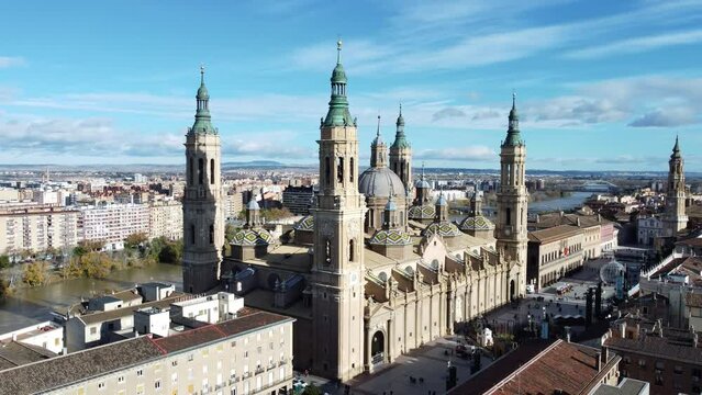 Aerial shot of Basilica del Pilar in Zaragoza, Spain