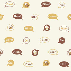 Beer themed seamless repeat vector pattern. Flat style International Beer Day simple background. Tiny speech bubbles, balloons with beer mug icon and word BEER in different languages. 