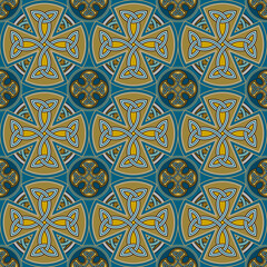 Seamless Celtic knot pattern including medieval crosses and circles rust-red, ochre and teal on beige background (tapestry variation n° 5)