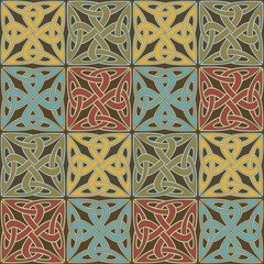 Seamless Celtic knot pattern including medieval crosses and circles rust-red, ochre and teal on beige background (tapestry variation n° 4)