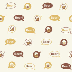 Beer themed seamless repeat vector pattern. Tiny speech bubbles, balloons with beer mug icon and word BEER. Pub, bar decoration. Flat style International Beer Day simple background. 