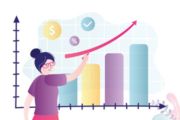 Businesswoman planning profit when stock market rises. Business vision, profitable investment strategy. Successful woman investor looks into future, analysis and risk management.