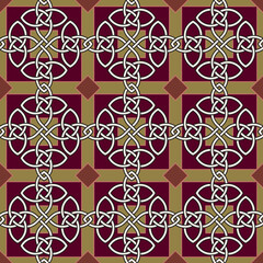 Seamless Celtic knot pattern including medieval crosses and circles rust-red, ochre and teal on beige background (tapestry variation n° 2)