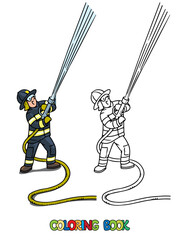 Firefighter with a water hose. Coloring book