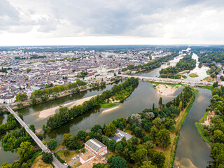 Aerial view of Tours, Bridge Napoleon, bridge Wilson crossing the river Loire, Val-de-Loire, France