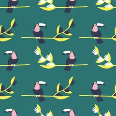 Cartoon toucan birds on heliconia branches seamless pattern vector. Exotical birds sit on tropical flowers bright colorful surface design. Jungle night animal seamless pattern vector