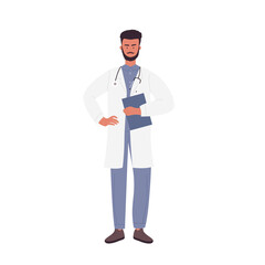 Male doctor holding clipboard. Hospital surgeon, medic clinical worker vector illustration