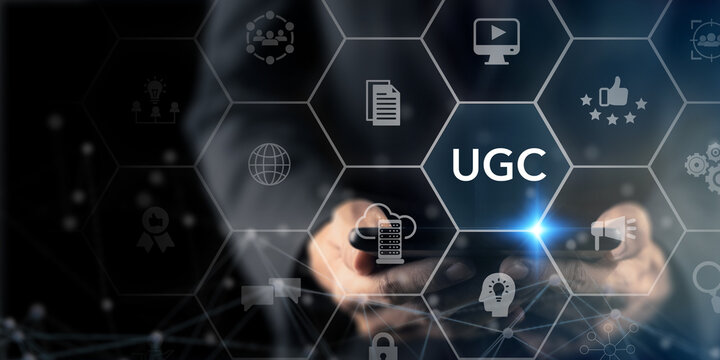 User generated content (UGC) concept. Digital marketing strategy. Customer create content such as images, videos, text, and audio posted by users on online platforms. Turning customers into advocates.