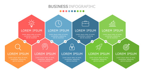 Business infographic Vector with 9 steps. Used for information,data,style,chart,graph,sign,icon, project,strategy,technology,learn,brainstorm,creative,growth,stairs,success, idea,text,web,report,work.