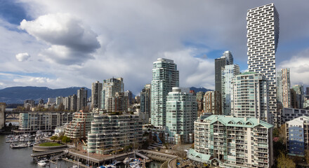 Fototapeta na wymiar Modern Cityscape on the West Coast Pacific Ocean. Downtown City Skyline and Burrard Bridge. False Creek, Vancouver, British Columbia, Canada. Aerial Panorama