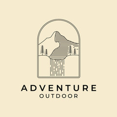Mountain adventure badge logo line art vector minimalist illustration design