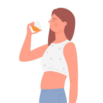 Young lady drinking whiskey with ice. Cocktail drink consuming, alcohol beverage vector illustration