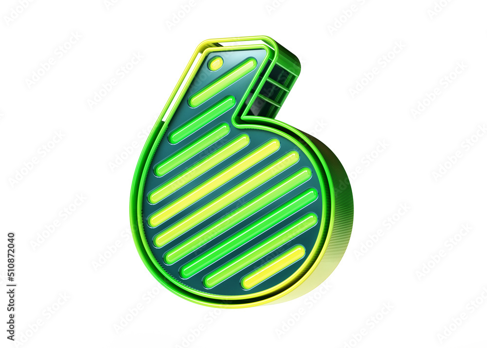 Poster lemon lime neon typeface 3d. flashy number 6 in yellow to green gradient. high quality 3d rendering.
