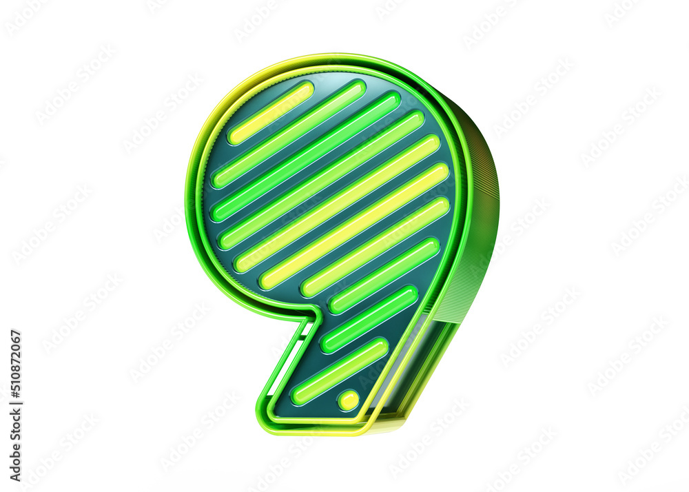 Poster lemon lime neon font 3d. luminous number 9 in yellow to green gradient isolated on white background.