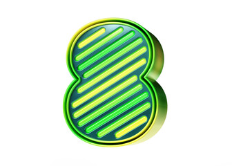 Lime colors neon typography 3D. Striking number 8 in yellow to green gradient. High quality 3D rendering.